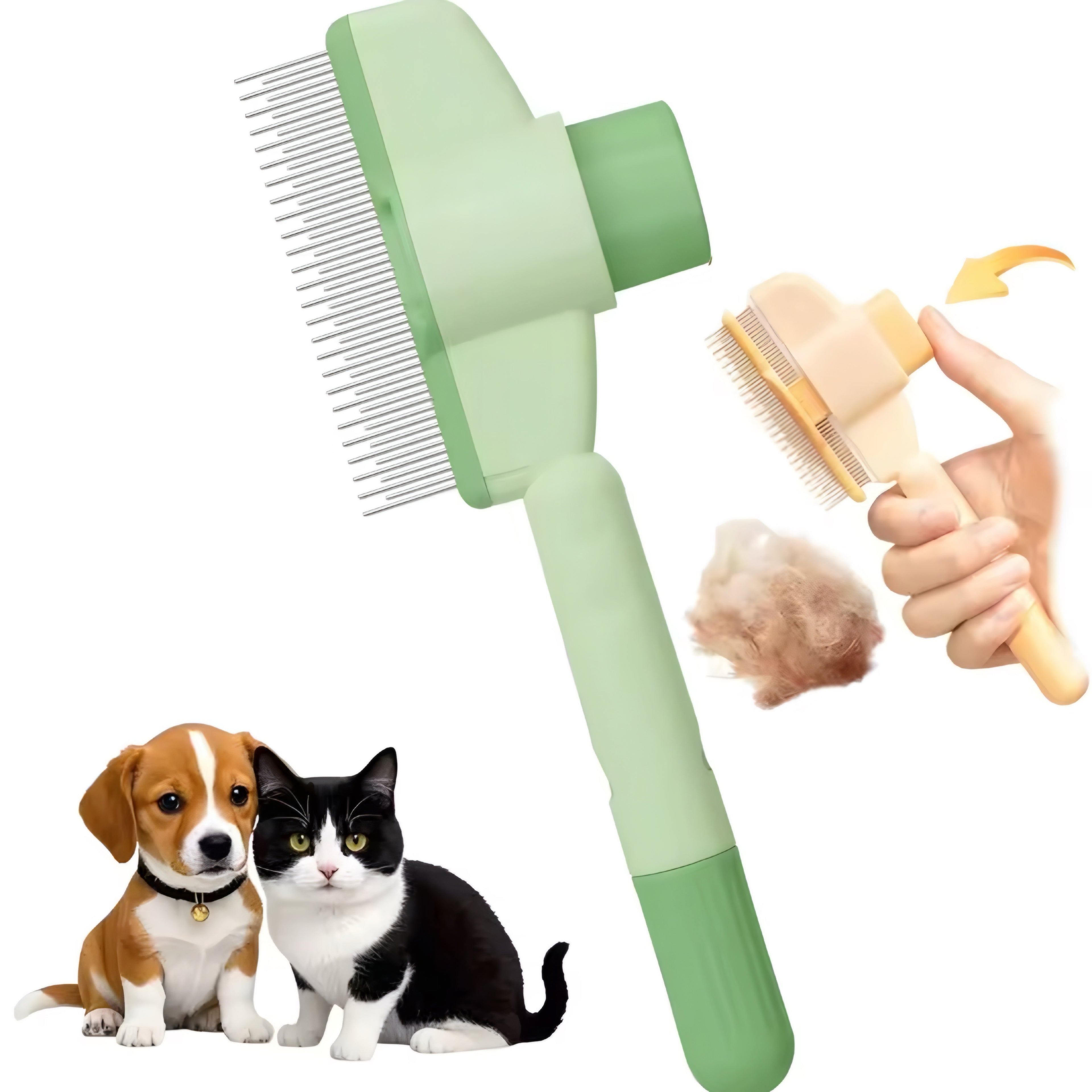 Pet grooming brush with a green handle, shown with a dog and cat, and a hand holding it with pet hair.
